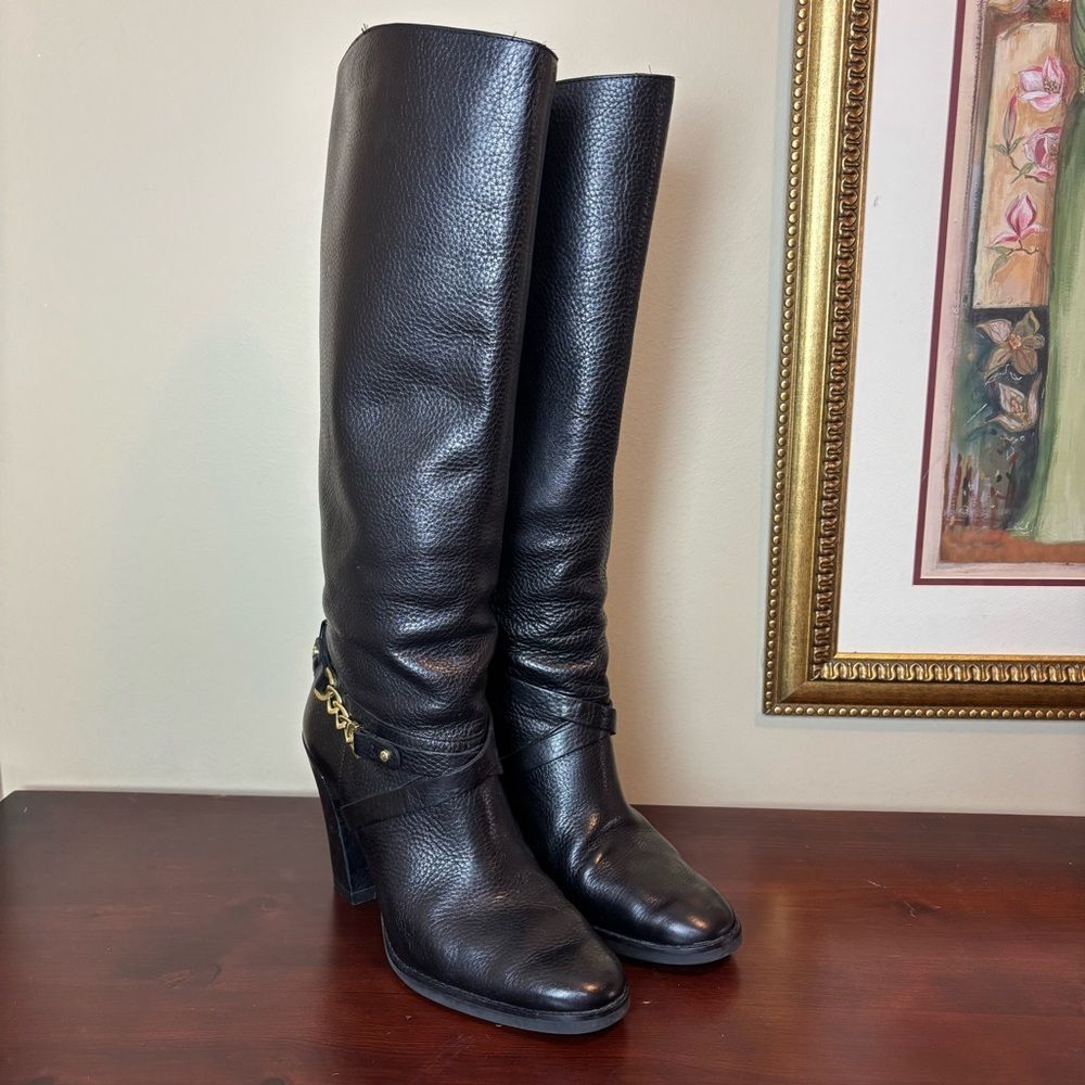 Kate Spade Montreal Black Leather Chain Link Tall 4" Heeled Boots Size 10 - Picture 5 of 15